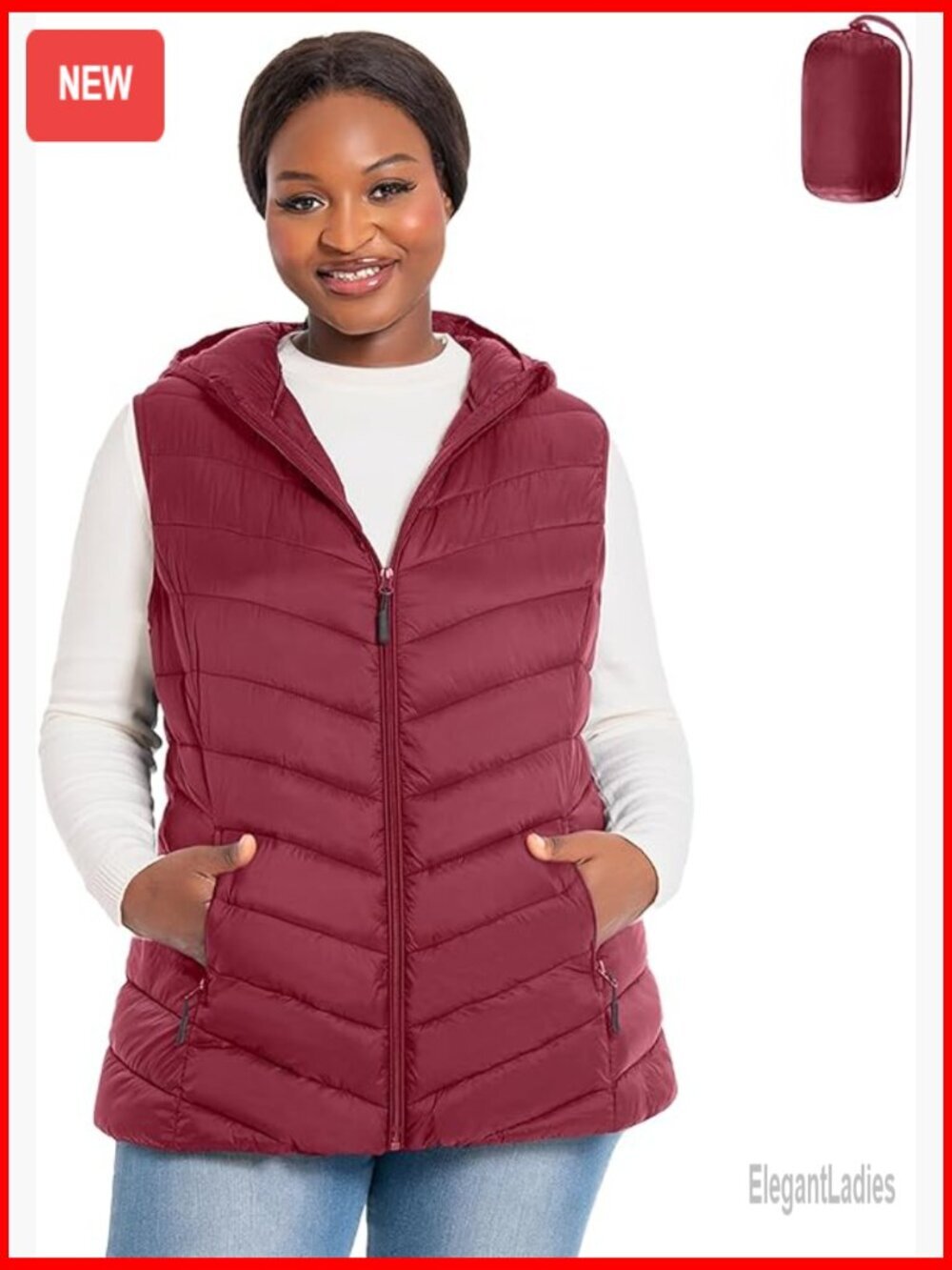 Plus Size Packable Puffer Vest Hooded Lightweight Quilted Sleeveless